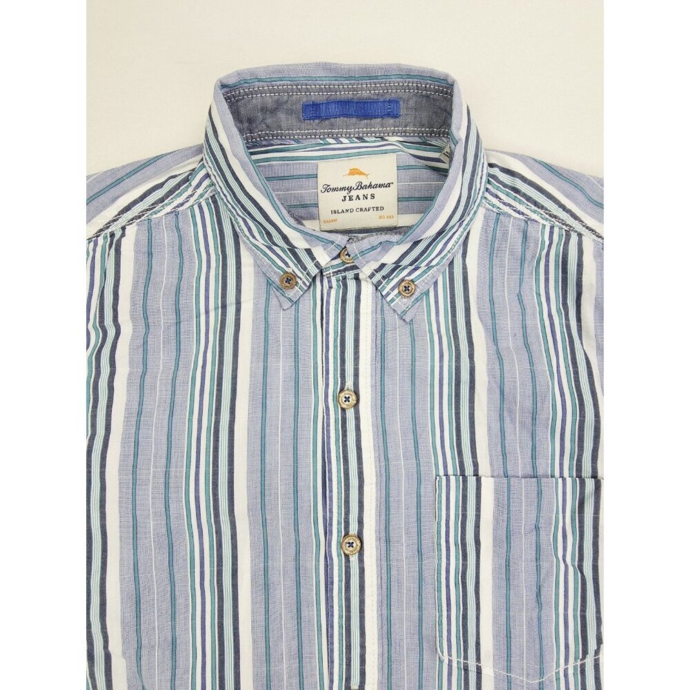 Tommy Bahama Jeans Island Crafted Size Medium Mens Button Down Blue White Stripe